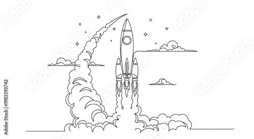 A rocket ship blasting off into a cloudy sky, leaving a trail of smoke