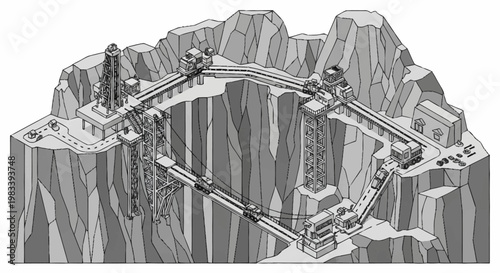 Futuristic industrial complex built into a rugged mountain landscape with advanced technology and transportation systems.
