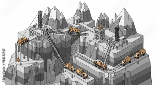 Isometric illustration of a complex mining operation with trains and cable cars transporting ore through mountainous terrain.