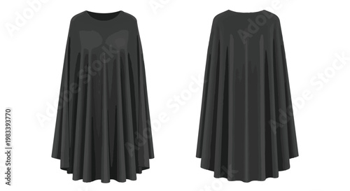 Elegant dark flowing costume accessory a simple black cloak presented from front and rear views against a pure white background an essential