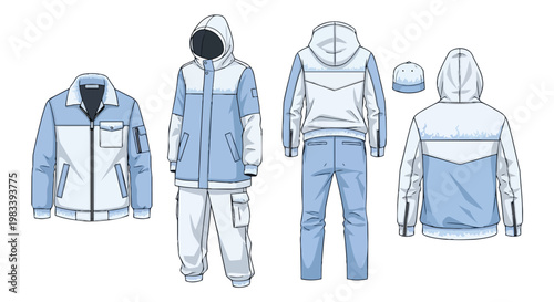 Technical fashion illustrations of diverse blue and white outerwear garments including jackets a parka and tracksuits for apparel design use
