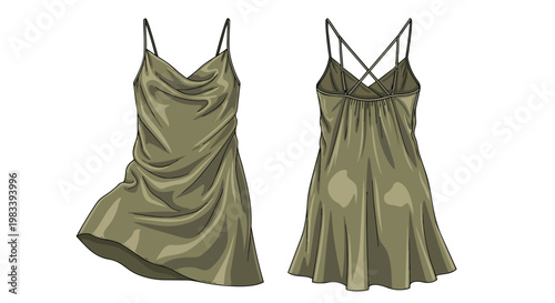Elegant olive green slip dress illustration featuring flowing cowl neck and criss-cross back straps