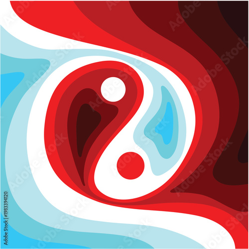 Vibrant Yin Yang symbol with red and blue liquid marble texture. Modern abstract background representing balance and harmony. High-quality editable vector EPS for creative design projects. Abstract .