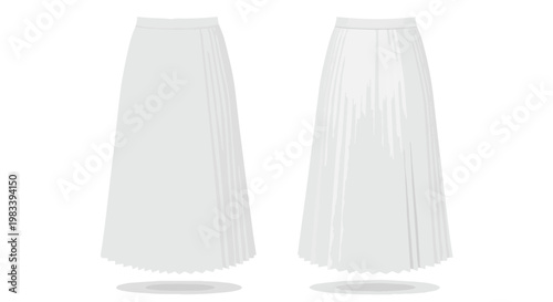Elegant flowing white pleated midi skirts, showcasing contemporary fashion design, versatile garment aesthetics and crisp, clean lines for modern