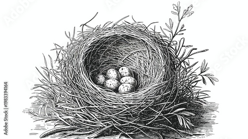 Vintage bird nest with eggs illustration, antique woodcut style birdhouse sketch, hand drawn nest with speckled eggs in black and white