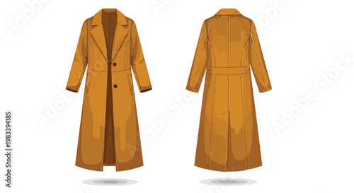 Illustrative depiction of a sophisticated long brown trench coat, displaying both its stylish front and detailed back design for modern fashion