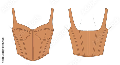 Detailed technical flat drawing of a contemporary women's fashion corset top or bustier with shoulder straps, precisely depicting front and back