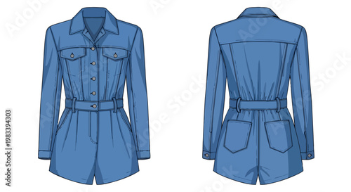 Blue denim belted long-sleeved romper technical flat sketch. Collared neckline, button front, chest and back pockets. Fashion apparel design concept.