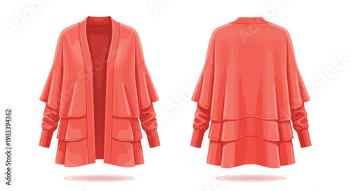 Stylish coral open cardigan with tiered ruffle sleeves and layered hemline fashion women's apparel design vector illustration