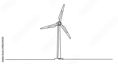 A minimalist line drawing of a wind turbine with three blades on a white background