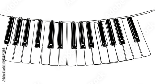 A black and white line drawing of piano keys strung together, curving upwards