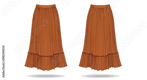 Stylish vector illustration of a flowing pleated maxi skirt in a warm brown shade featuring an elegant ruffled tiered hem design Perfect for modern