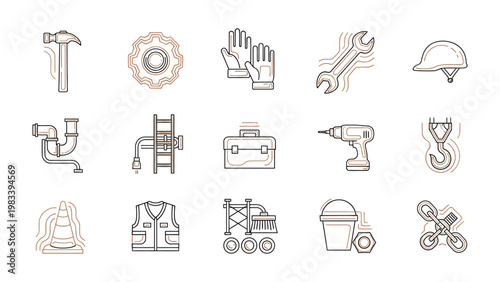 Construction Tools Illustration: A collection of various construction tools, each meticulously drawn, symbolizing the essential instruments of building and craftsmanship. 