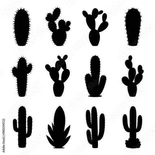 A collection of various cactus silhouettes arranged in rows on a plain white background for decorative purposes.