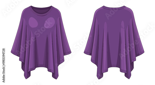 Illustrative depiction of a vibrant purple flowing poncho style top with elegant drapes showcasing both the front and back views on a clean white