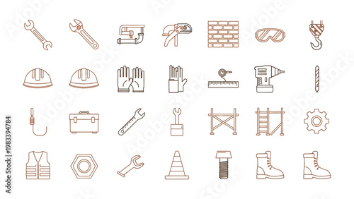 Construction Tools Icons: A comprehensive set of construction tools, rendered in minimalist style, perfect for illustrating various aspects of building, repair, and industry.