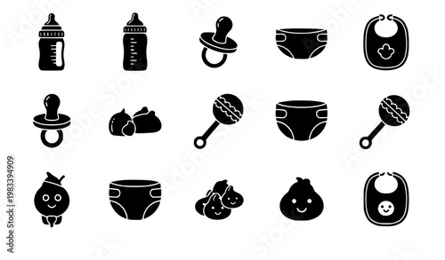 Baby care icon set bottle pacifier diaper infant essentials vector isolated on white background