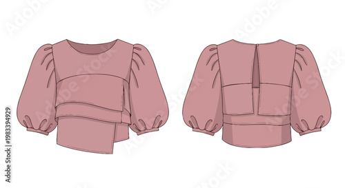 Professional fashion flat sketch of a stylish pink blouse featuring voluminous puff sleeves and an innovative asymmetric layered front detail with a