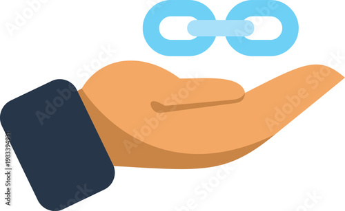 Hand holding chain link symbol representing connection, partnership, and digital networking