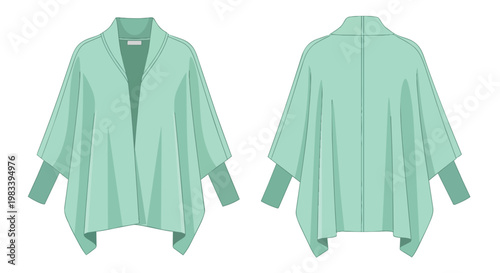 Modern flat technical drawing of a chic mint green open-front draped cardigan. Showcasing both front and back views for versatile apparel design