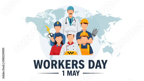 Global Workers' Day: A celebratory image of diverse workers representing global labor and solidarity. The artwork showcases various professions against a backdrop of the world map.