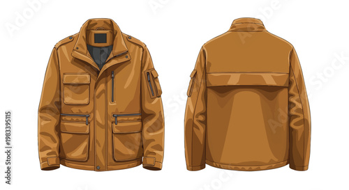 Stylish brown field jacket illustration, showing both front and rear perspectives with ample storage options