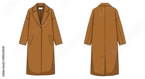 A detailed technical flat sketch illustrating the front and back views of a classic longline brown camel coat, perfect for fashion design and