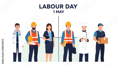 Labour Day Celebration: A diverse group of essential workers stand united, symbolizing the importance of Labour Day, highlighting the dedication and contributions of workers from various professions.