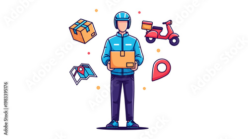 Delivery Man on the Go: A delivery man stands ready, surrounded by symbols of efficient service, embodying speed and reliability in the realm of modern logistics. 