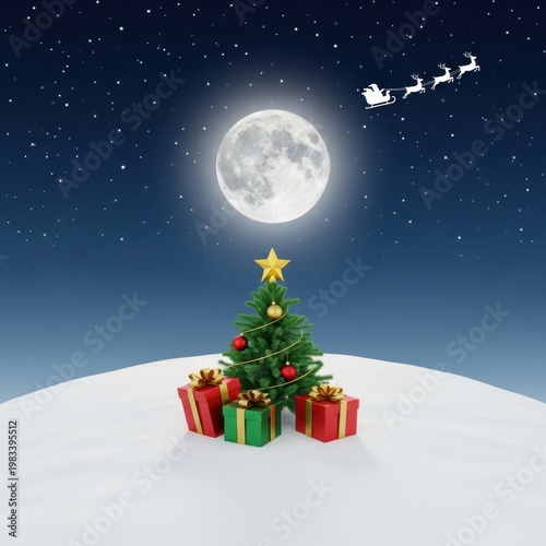 A pixel art depiction of a decorated christmas tree under a large full moon during a winter night
