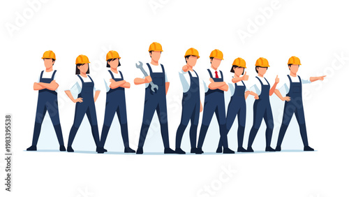 Team of Engineers Ready for Work: A determined team of skilled engineers, clad in work attire and protective headgear, stands ready, each exuding confidence and expertise.