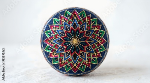 Japanese temari ball intricate geometric embroidery close-up traditional handcraft art on white background