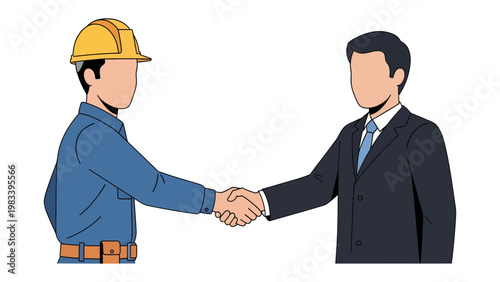 Agreement Handshake: An illustration showcasing a handshake between a construction worker and a businessman, symbolizing partnership and agreement.