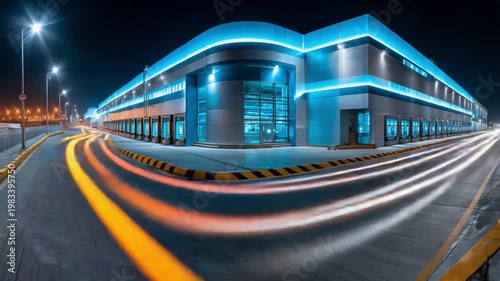 Nighttime Luminescence: The industrial architecture, a grand structure illuminated by radiant lighting, displays its captivating presence, with the gentle glow of street lamps.