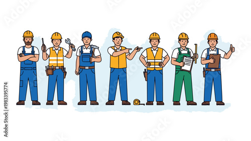 Construction Crew: A team of construction workers stand confidently, each holding a different tool, ready to build and create. This image symbolizes unity, skill.