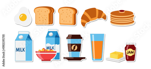 Breakfast food and beverage items vector illustration