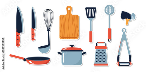 Assortment of kitchen utensils on black background vector illustration
