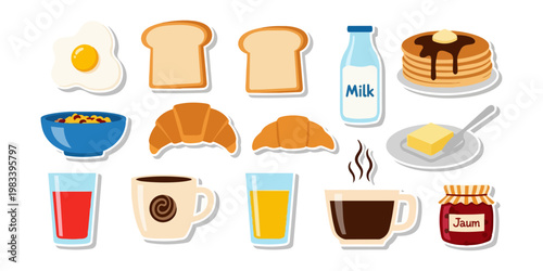 Breakfast food and drink assortment illustration on dark background