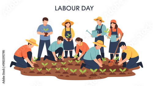 Labor Day Garden: A collective of farmers collaborates on a garden, cultivating new life, embodying the spirit of Labor Day. 