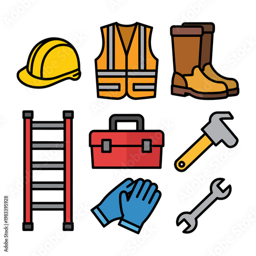 Construction Tools Essentials: An illustrative depiction of essential construction tools, including a hard hat, safety vest, sturdy boots, a toolbox, gloves, a wrench, and a ladder.