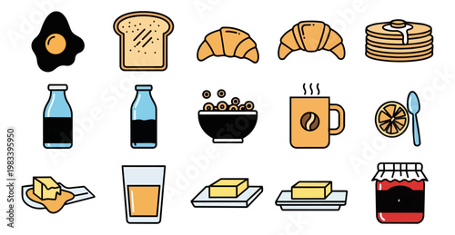 Breakfast food collection isolated on black background