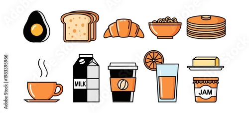 Breakfast food collection isolated on black background vector illustration