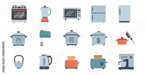 Collection of kitchen appliances and equipment icons isolated on black