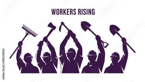 Workers Rising: Illustration of workers raising their tools, symbolizing solidarity and progress. It's a tribute to labor, reflecting strength and dedication.