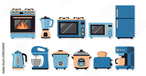 Collection of kitchen appliances isolated on black background
