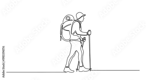 Single line drawing of a hiker with backpack and trekking poles