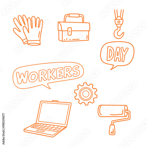 Worker's day icon collection: Hand-drawn illustrations depicting tools and symbols associated with the labor force, celebrating the contributions of workers across various fields. 