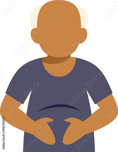 Older man holding stomach experiencing digestion problem, obesity, fat, or belly pain