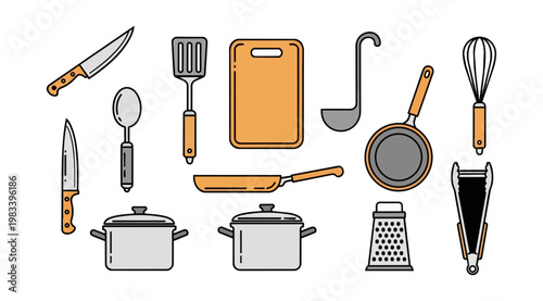 Collection of kitchen utensils isolated on black background