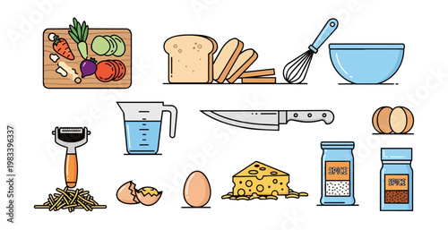 Culinary ingredients and tools illustration on black background